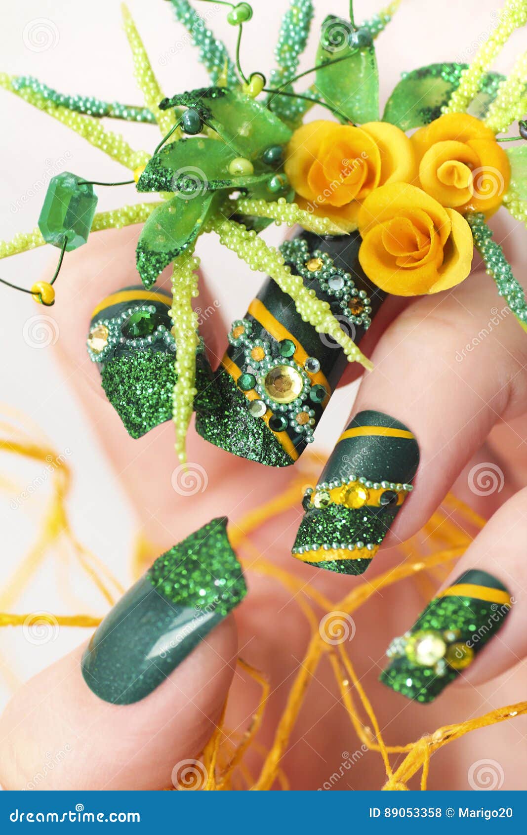 Design Green Acrylic Nails With Yellow Roses Stock Photo Image Design Green Acrylic Nails With Yellow Roses Stock Photo Image