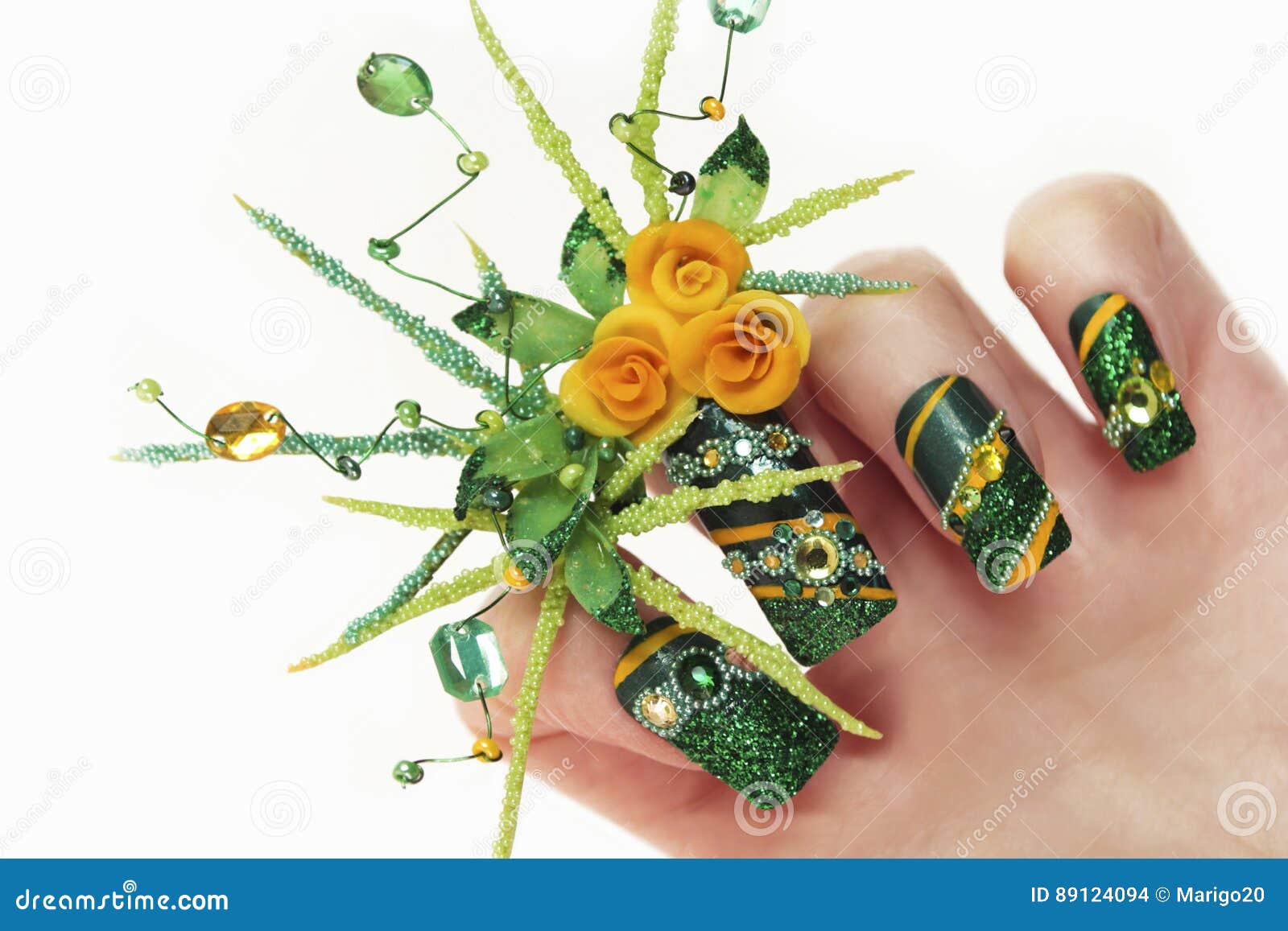 Design Green Acrylic Nails With Yellow Roses Stock Photo Image Design Green Acrylic Nails With Yellow Roses Stock Photo Image