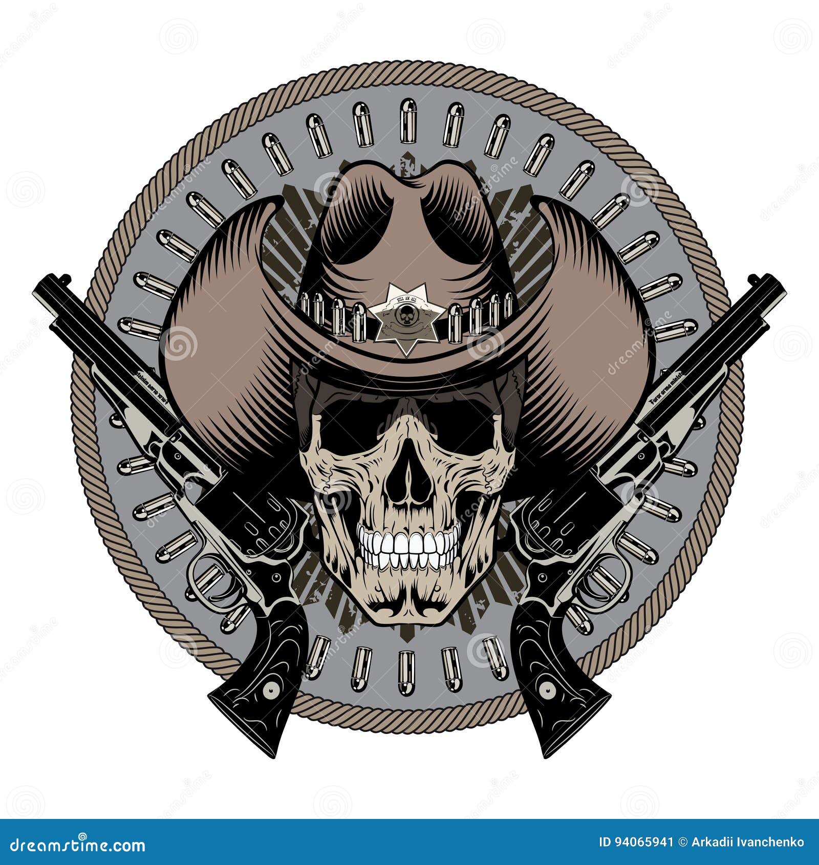 Design Gunfighter. Skull in Cowboy Hat, Two Crossed Gun and Bullets ...