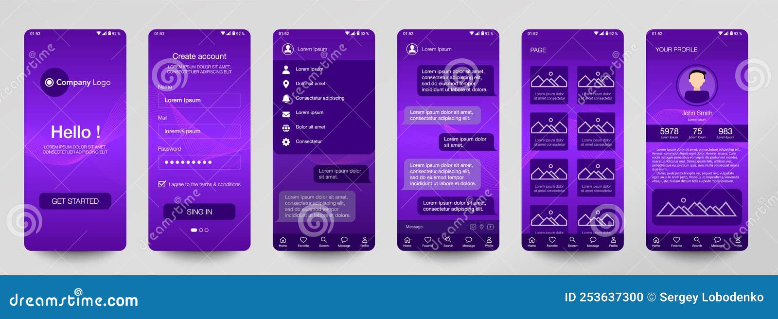Design of Mobile App, UI, UX, GUI. Set of User Registration Screens ...