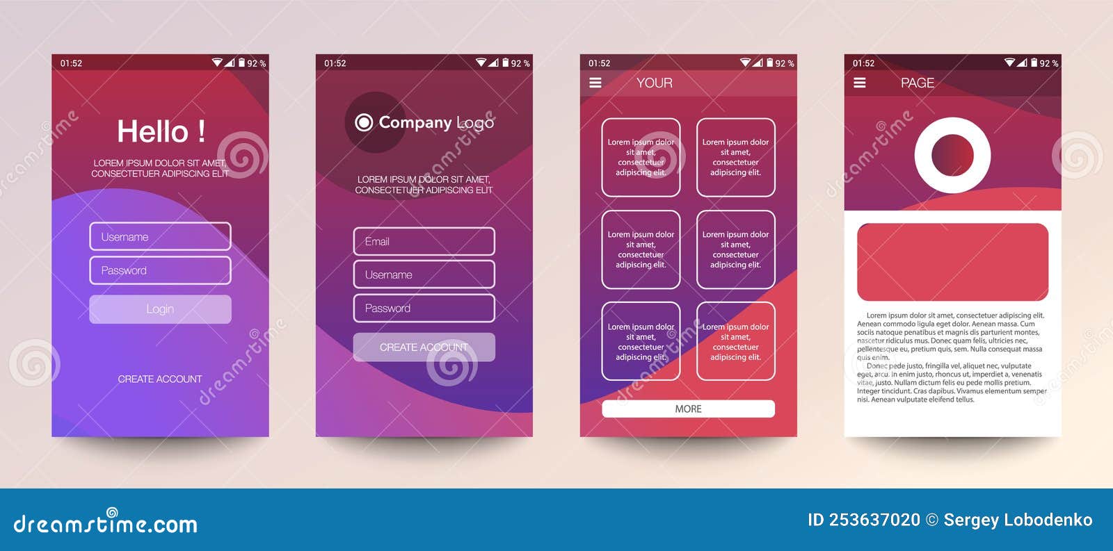 Design of Mobile App, UI, UX, GUI. Set of User Registration Screens ...