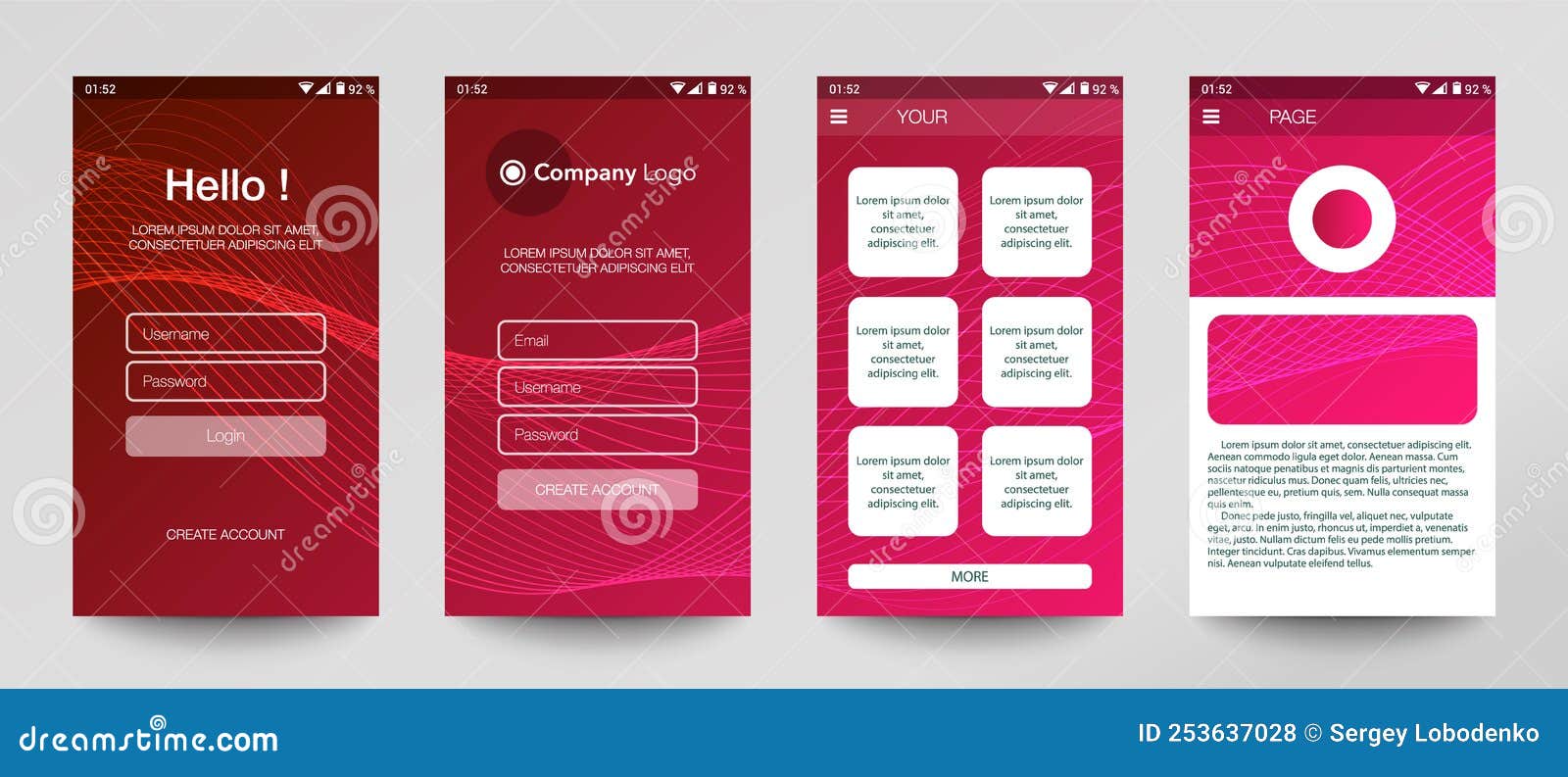 Design of Mobile App, UI, UX, GUI. Set of User Registration Screens ...