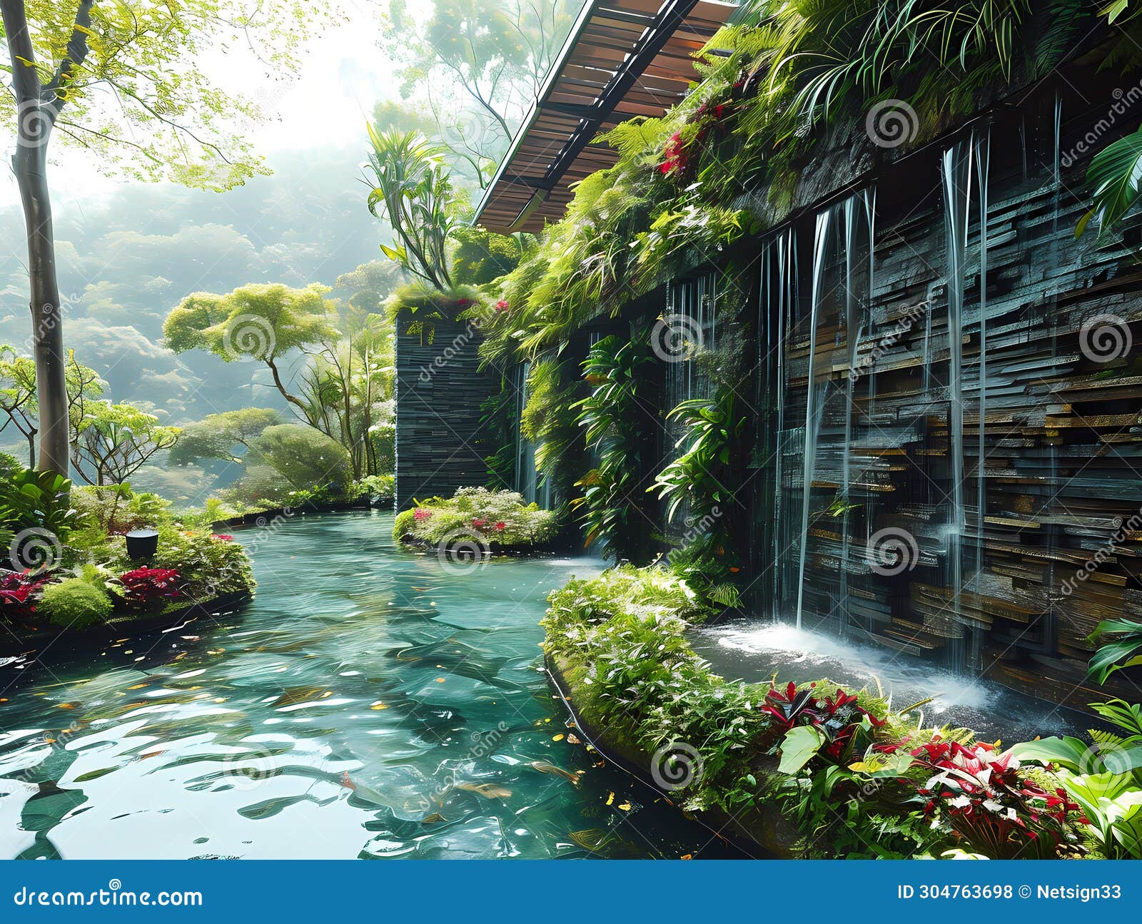 Design of a Modern Real Estate, a Waterfall in a Garden Stock