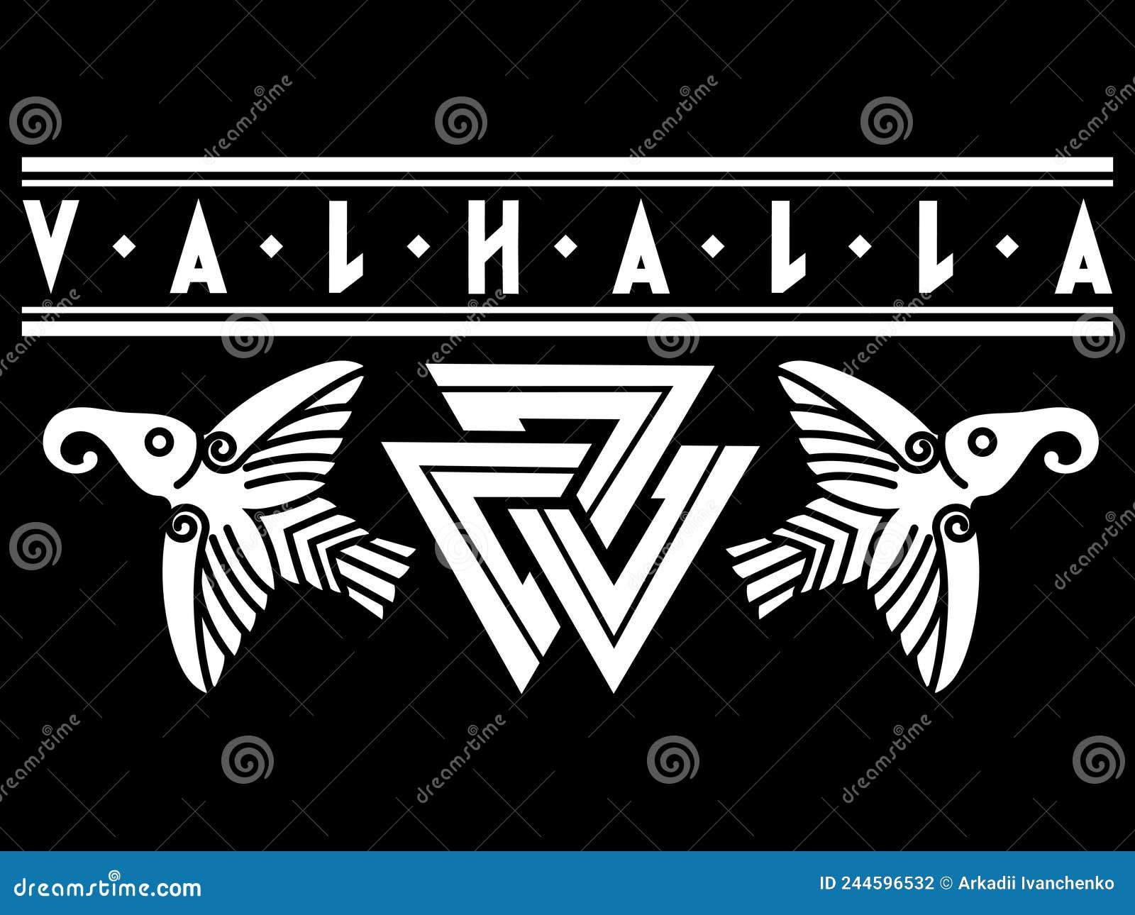  in old norse style. three viking swords and a scandinavian braided pattern.