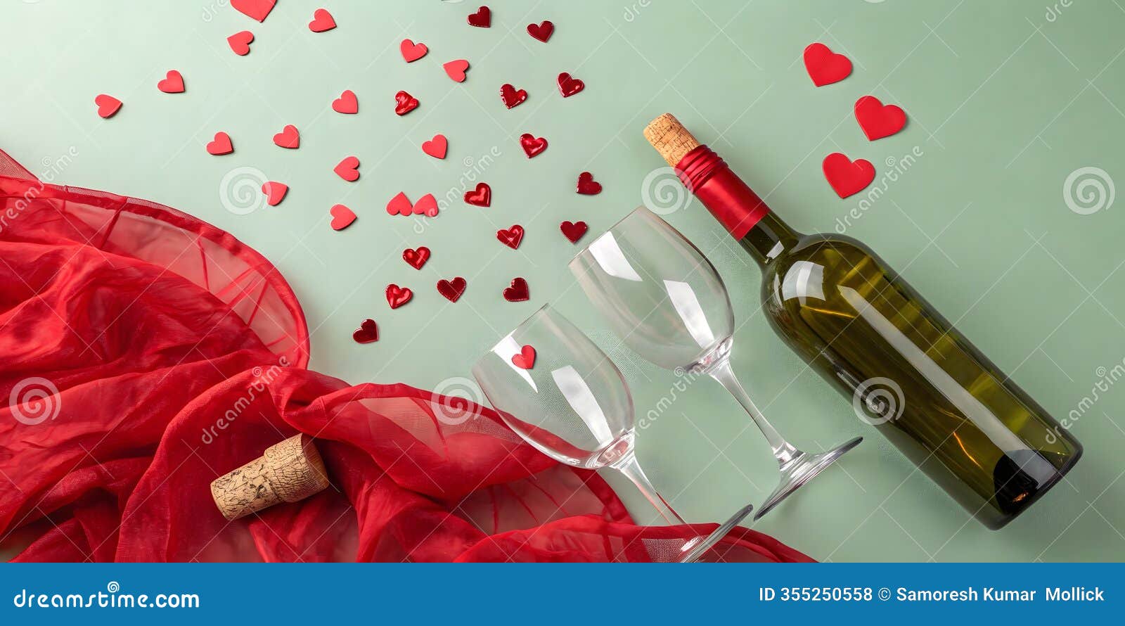  a pastel green background with a romantic valentine's fay theme. on the right side, place a wine bottle