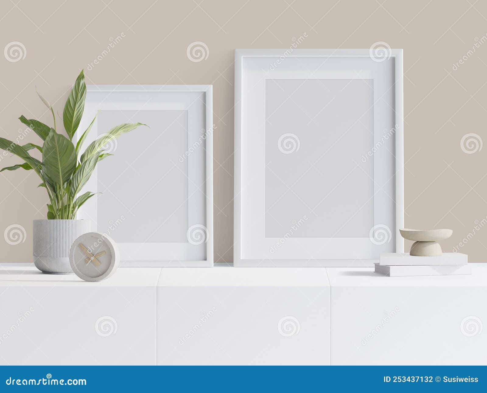 Design Scene for 2 Mockup Frames, Sideboard, Plant and Decoration, 3d Illustration Stock