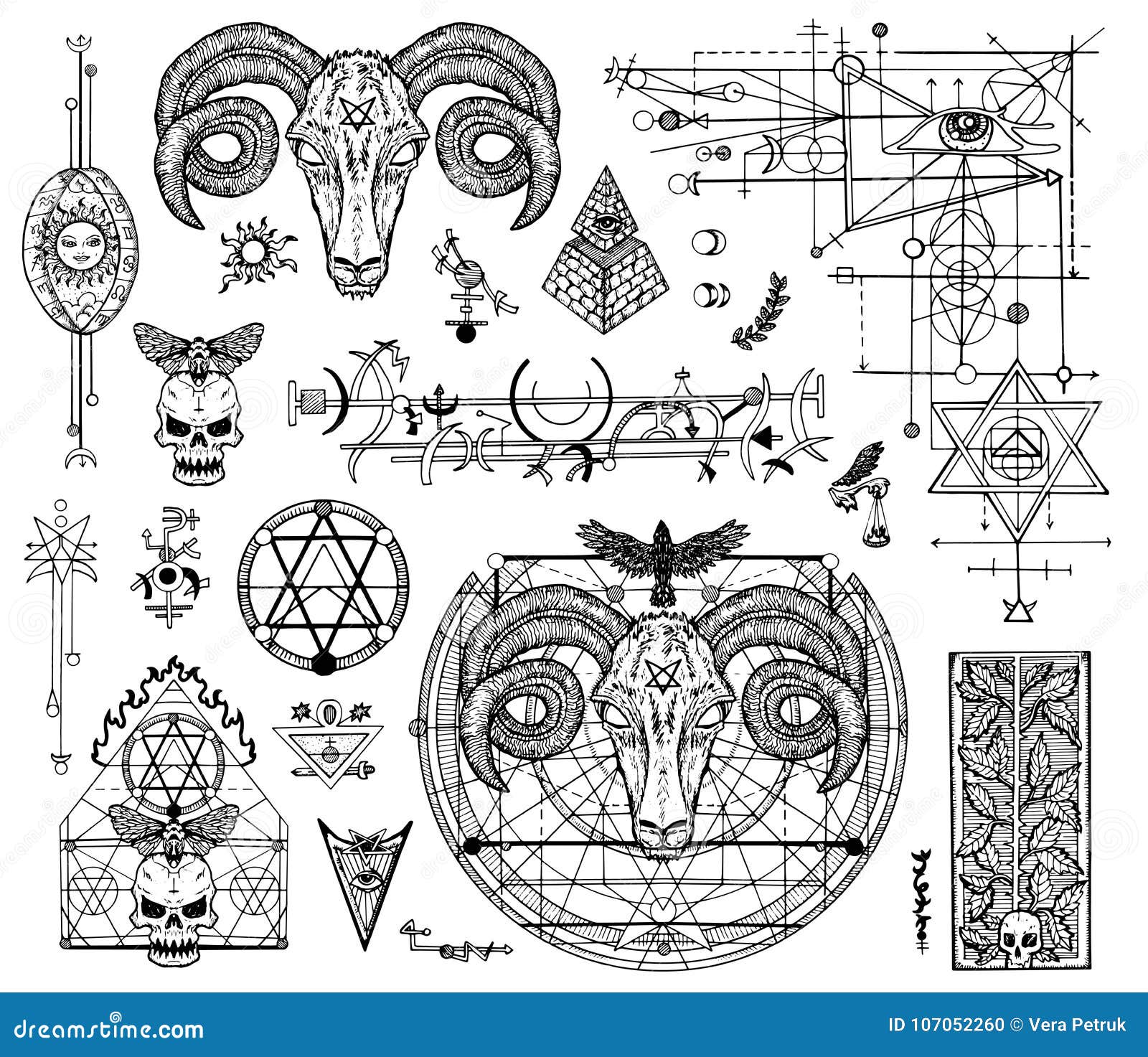 Design Set with Graphic Drawings of Mystic and Religions and Devil ...