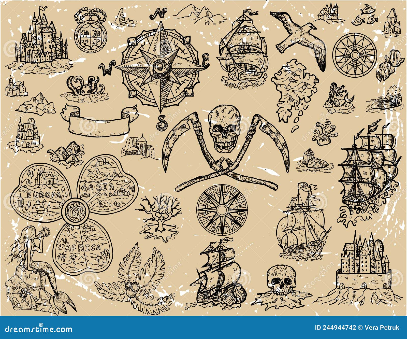 Design Set with Old Pirate Map Elements - Sailboat, Crossbones, Unknown ...
