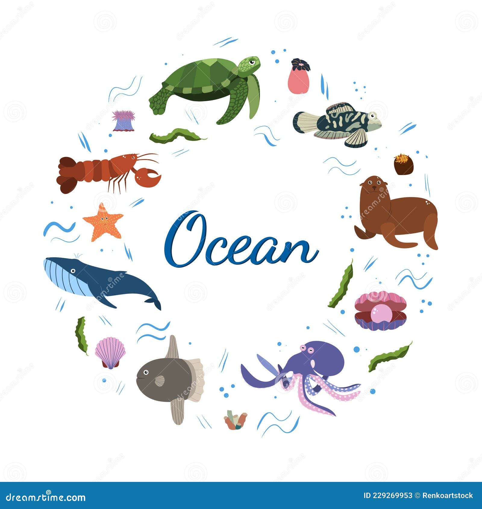 Design Template with Sea Animal in Circle for Kid Print. Round Composition  of Marine Animals, Turtle and Whale, Octopus Stock Vector - Illustration of  background, aquatic: 229269953