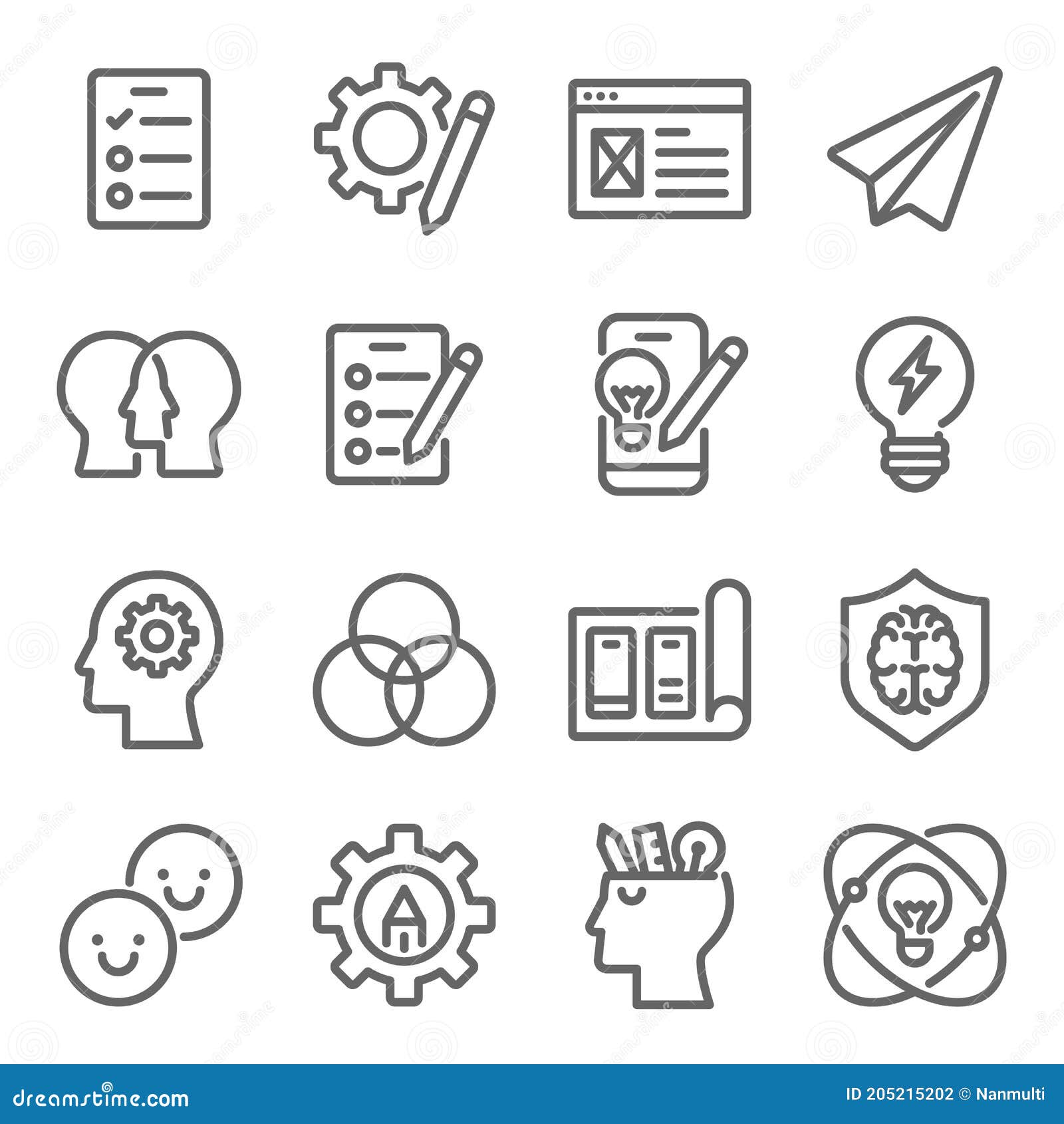  thinking icon   set. contains such icons as brainstorming, survey, discuss, empathy, test, prototype, ide