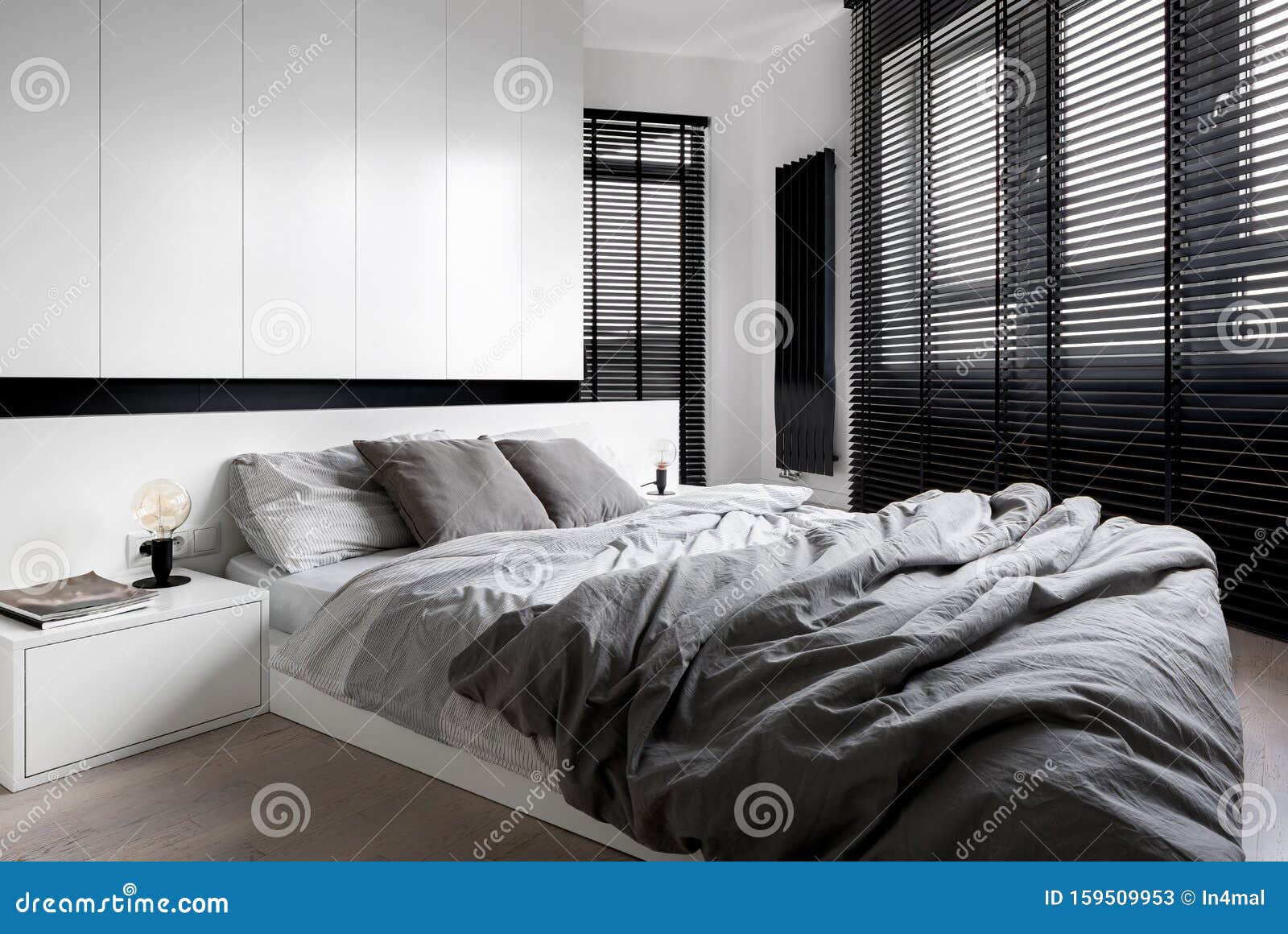 Designed Bedroom with Window Wall Stock Image Image of bedcover, door