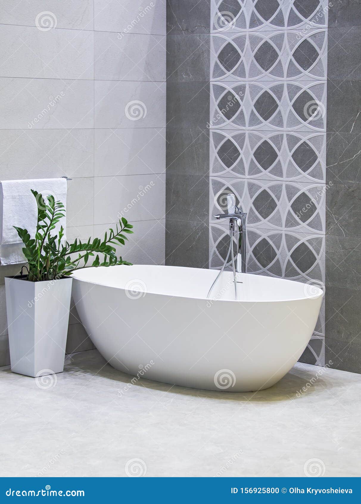 Designed Freestanding Bath in Gray and White Modern Bathroom Stock
