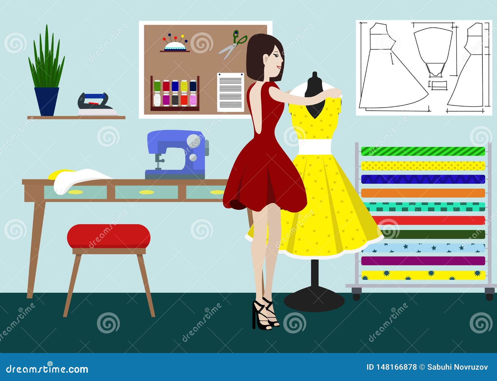 Designer of Clothes in Studio. a Vector Illustration of a Fashion Designer  at Work Stock Vector - Illustration of needle, dressmaking: 148166878