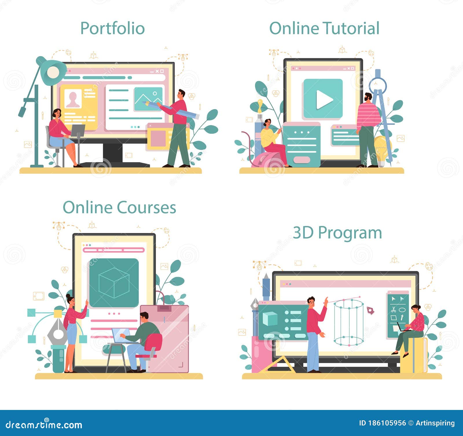 Designer 3D Modeling  Banner or Landing Page Set. Digital Stock