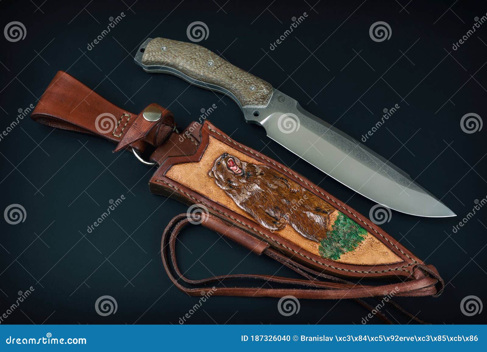 Designer Handmade Knife. Fulltag Knife in the Leather Case Stock Photo
