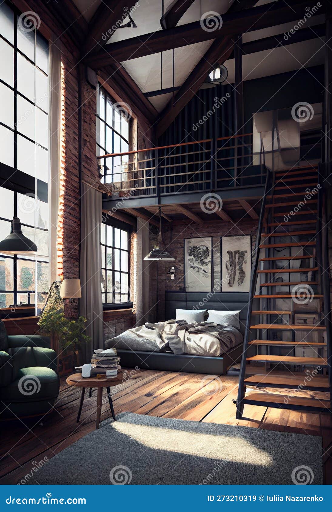 Designer Master Bedroom in Loft Style. AI Generated Stock Illustration