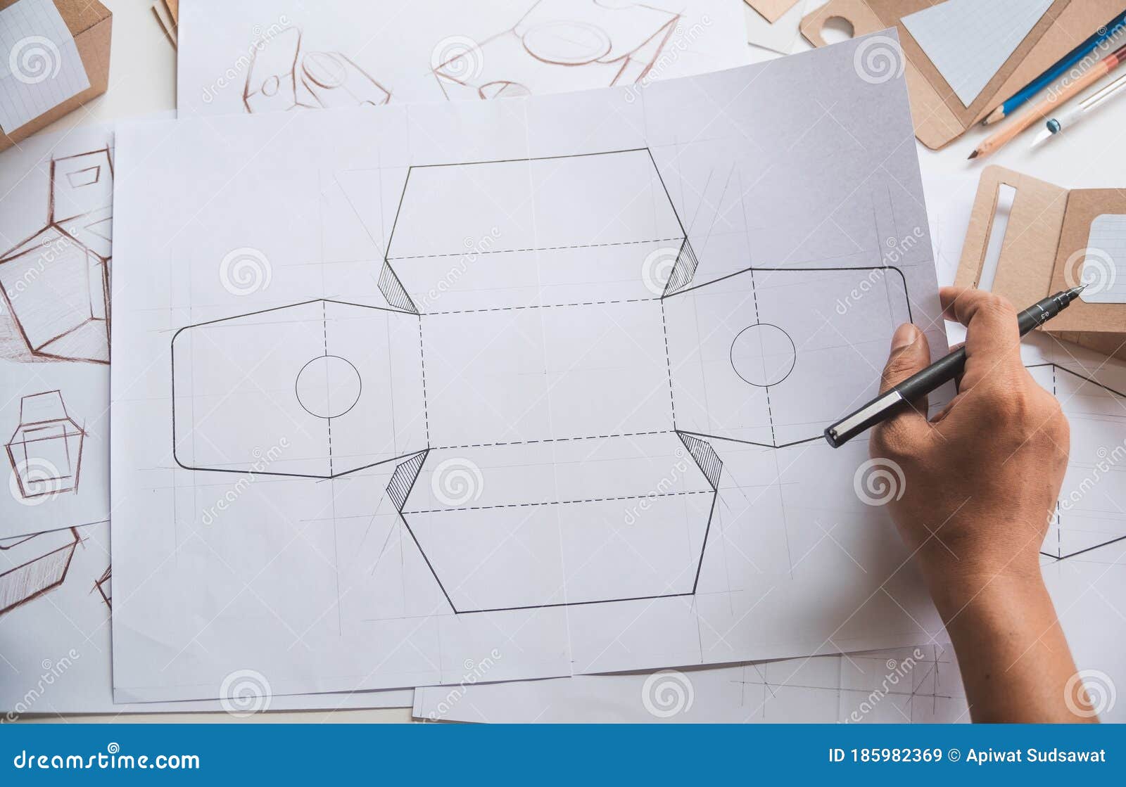 Download Designer Sketching Drawing Design Brown Craft Cardboard Paper Product Eco Packaging Mockup Box ...