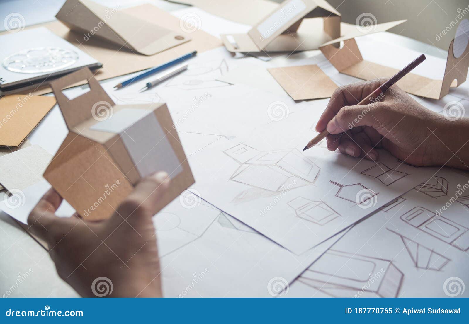 Download Designer Sketching Drawing Design Brown Craft Cardboard Paper Product Eco Packaging Mockup Box ...