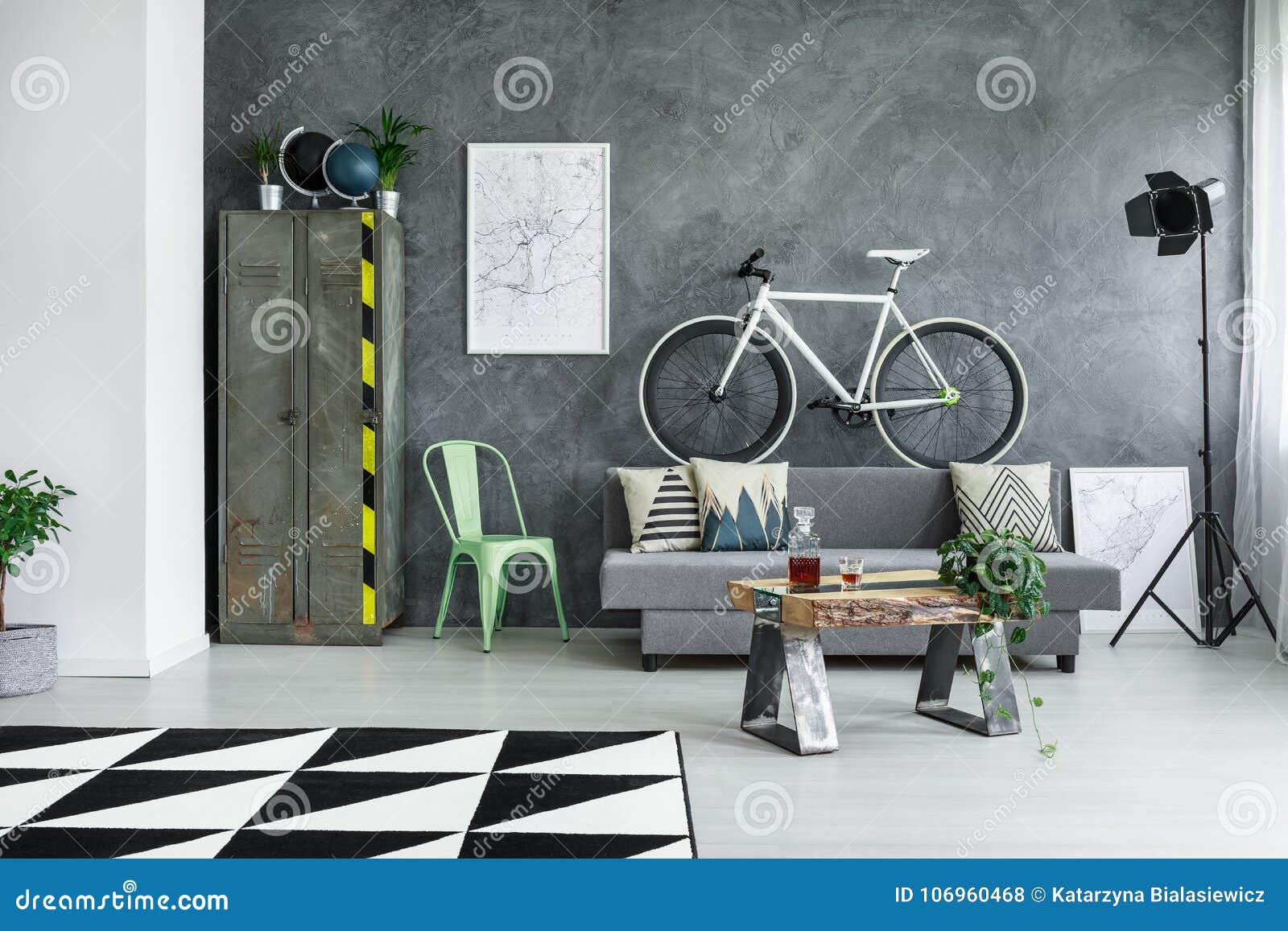 monochromatic living room with bike