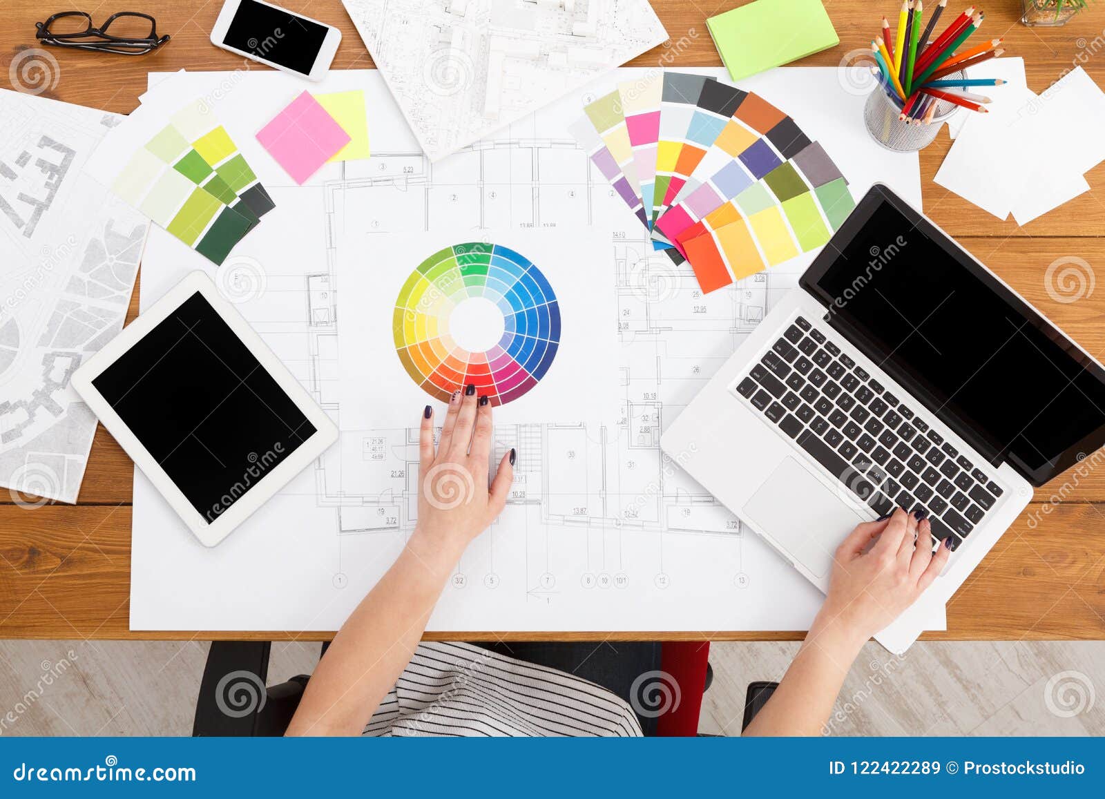 Designer S Working Table Top View Stock Image Image Of