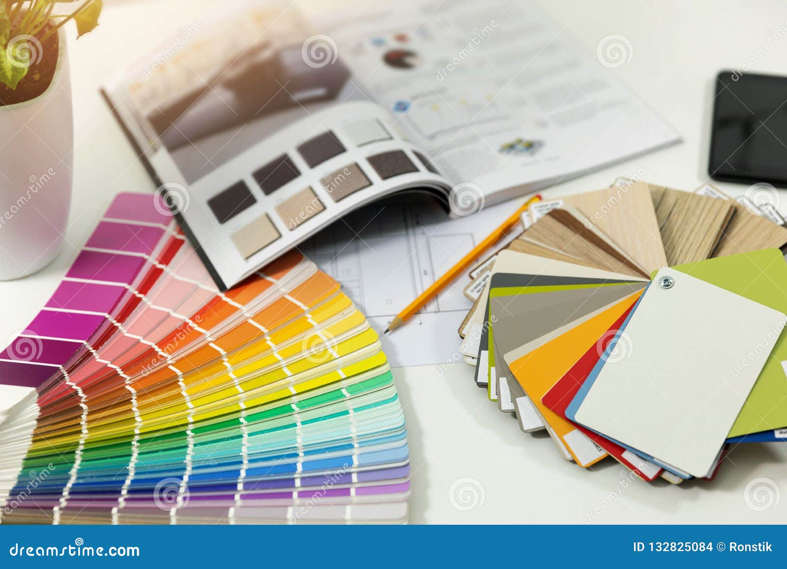 Designer Workplace Interior Paint Color and Furniture Samples Stock