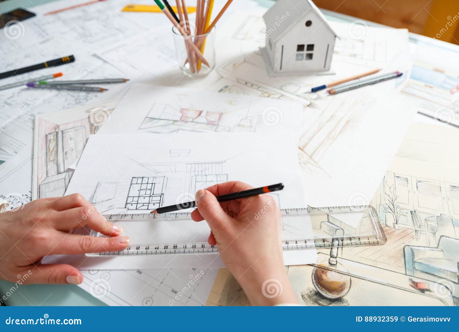 Designer Works With Hand Drawing Of Interior Stock Image Image Of Color Drawing 88932359