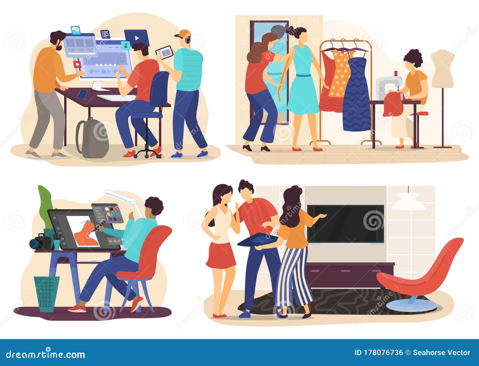 Designers at Work, People Cartoon Characters, Web Developer, Graphic,  Fashion and Interior Design, Vector Illustration Stock Vector -  Illustration of communication, developer: 178076736