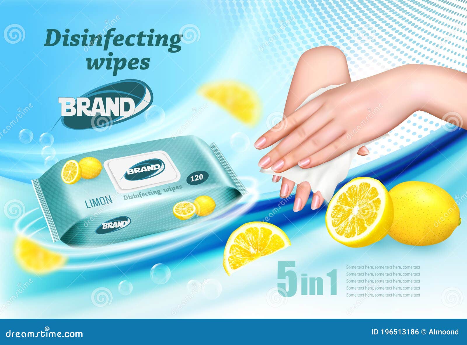 desinfecting wet wipes with scent of limon ad template, female hands using wet wipe to desinfecting