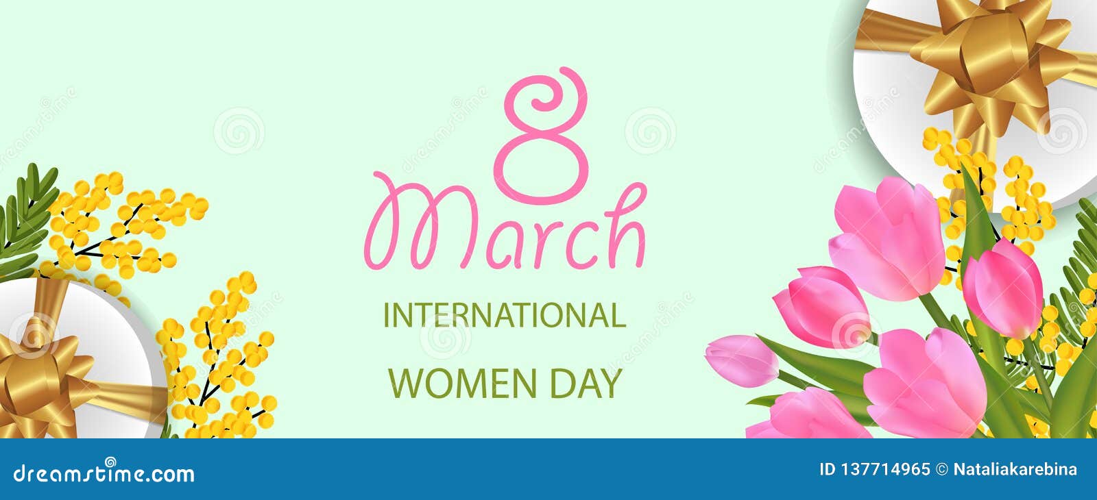 Desing 3月8日与郁金香花束和含羞草 有金弓的礼物盒的国际妇女节轻的横幅或背景向量例证 插画包括有 Desing 3月8日与郁金香花束和含羞草 有金弓的礼物盒的国际妇女节轻的横幅或背景向量例证 插画包括有