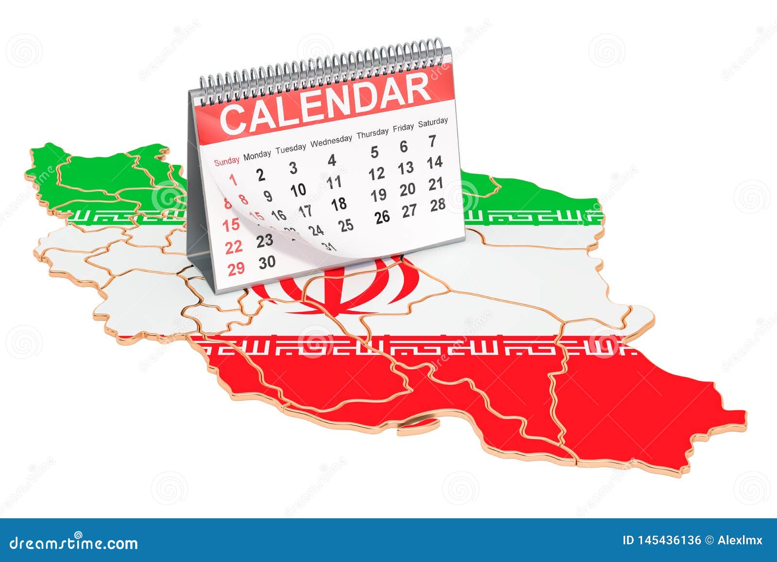 Desk Calendar on the Map of Iran. 3D Rendering Stock Illustration - Illustration of iranian 