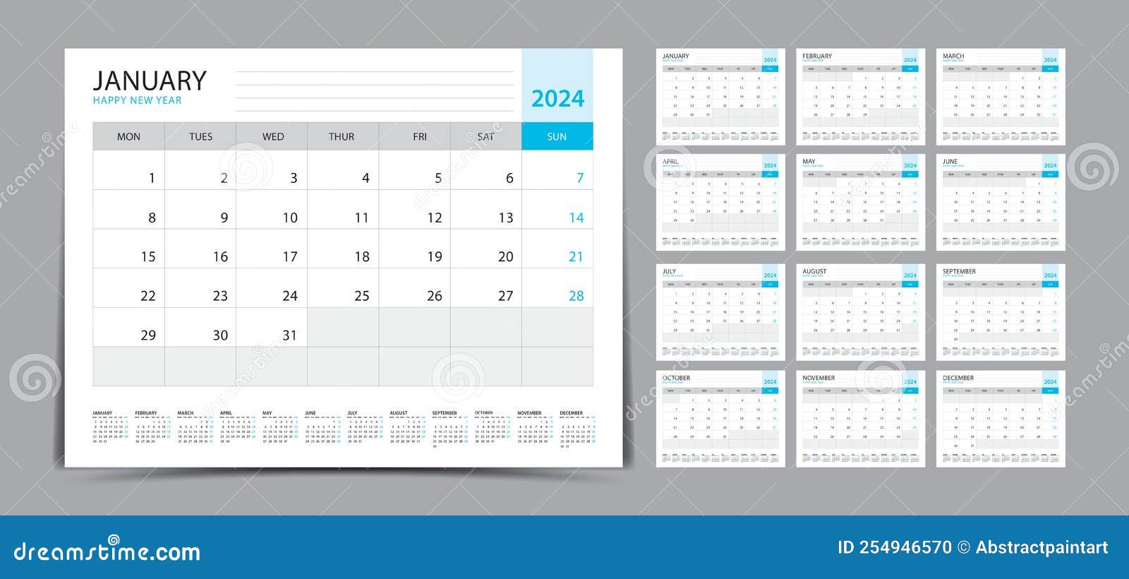 Desk Calendar 2024 Set, Monthly Calendar Template for 2024 Year. Week