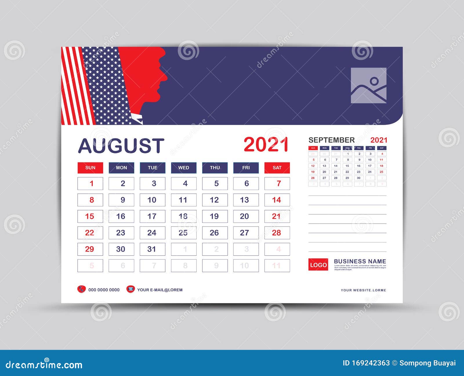 Desk Calendar 2021 Template, August Page Vector For