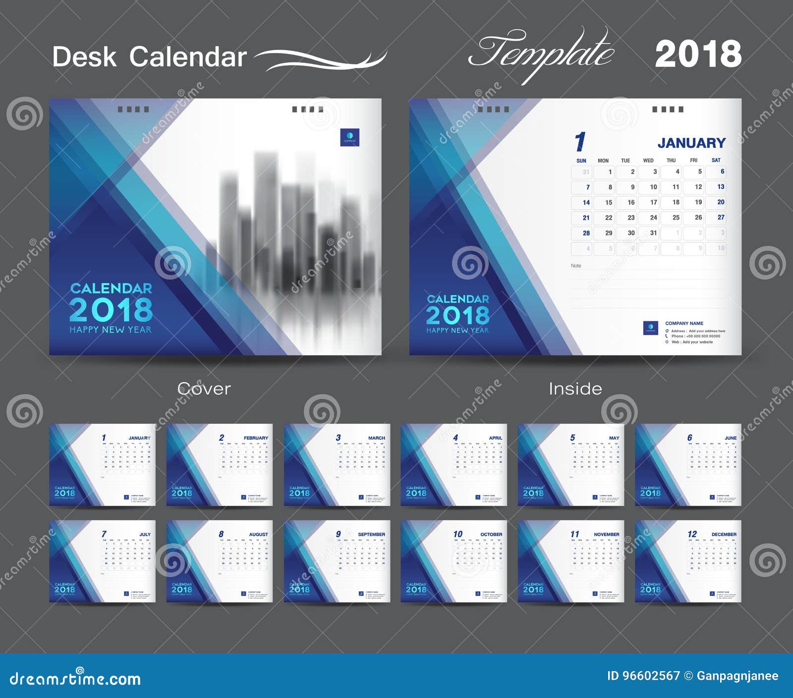 Desk Calendar 2018 Template Layout Design, Blue Cover