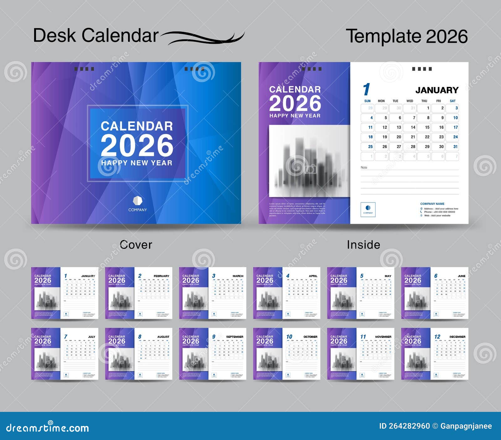 Desk Calendar 2026 Template Set and Blue Cover Design, Set of 12 Months ...