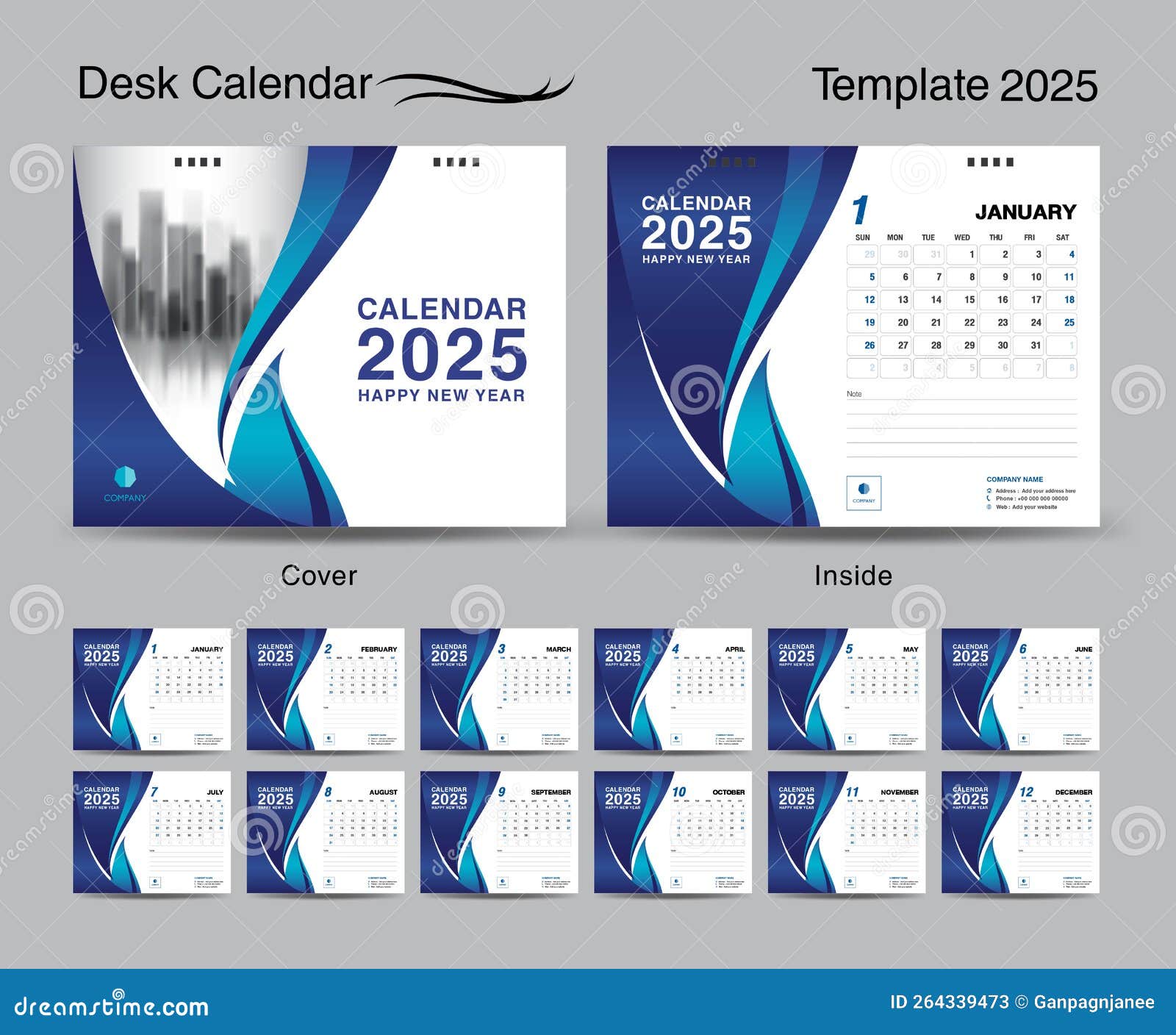 Desk Calendar 2025 Template Set and Blue Wave Cover Design, Set of 12
