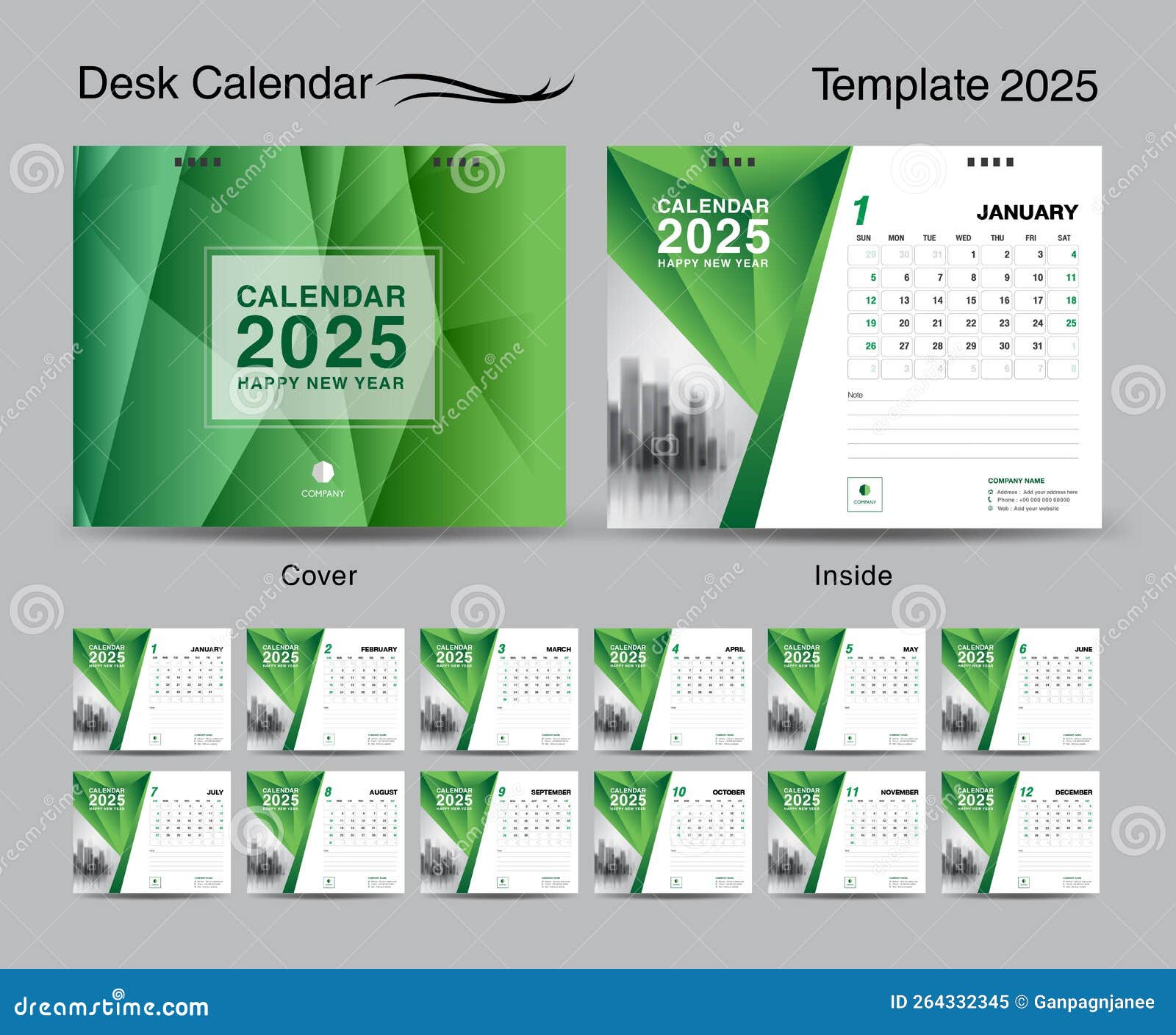 desk-calendar-2025-template-set-and-polygon-green-cover-design-set-of-12-months-creative