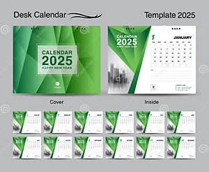 Desk Calendar 2025 Template Set And Polygon Green Cover Design Set Of 12 Months Creative