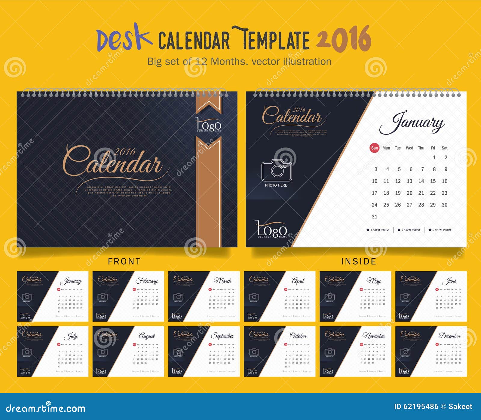 Desk Calendar 2016 Vector Design Template Big Set Of 12 Months
