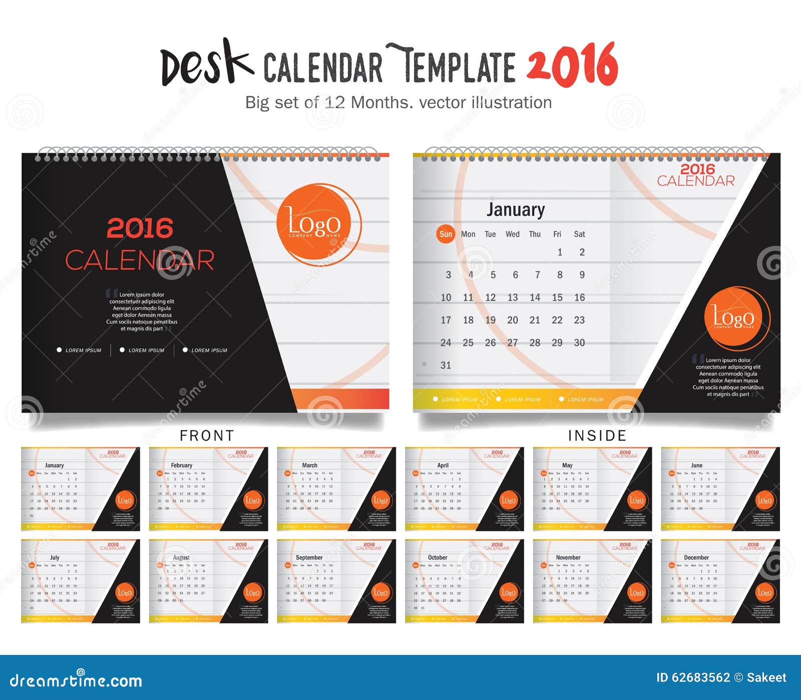 Desk Calendar 2016 Vector Design Template Big Set Of 12 Months