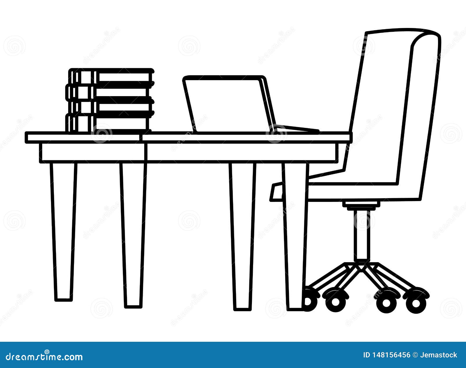 Desk with Computer Black and White Stock Vector Illustration of laptop, business 148156456