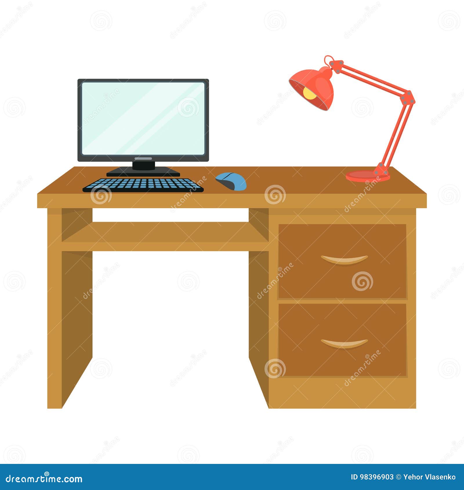A Desk With A Computer And A Desk Lamp Furniture And Interior
