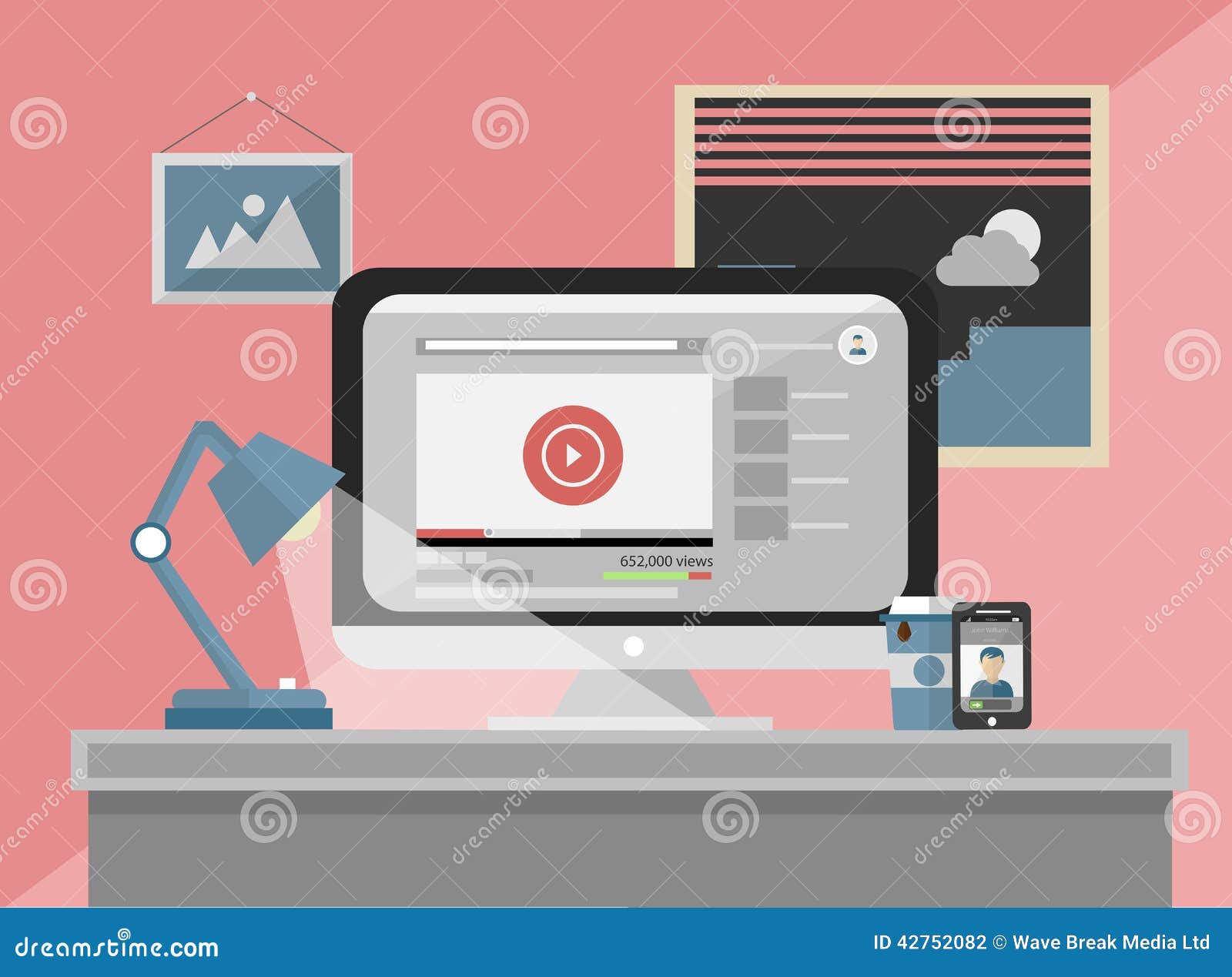 Desk On Computer Showing Music Player Stock Vector Illustration