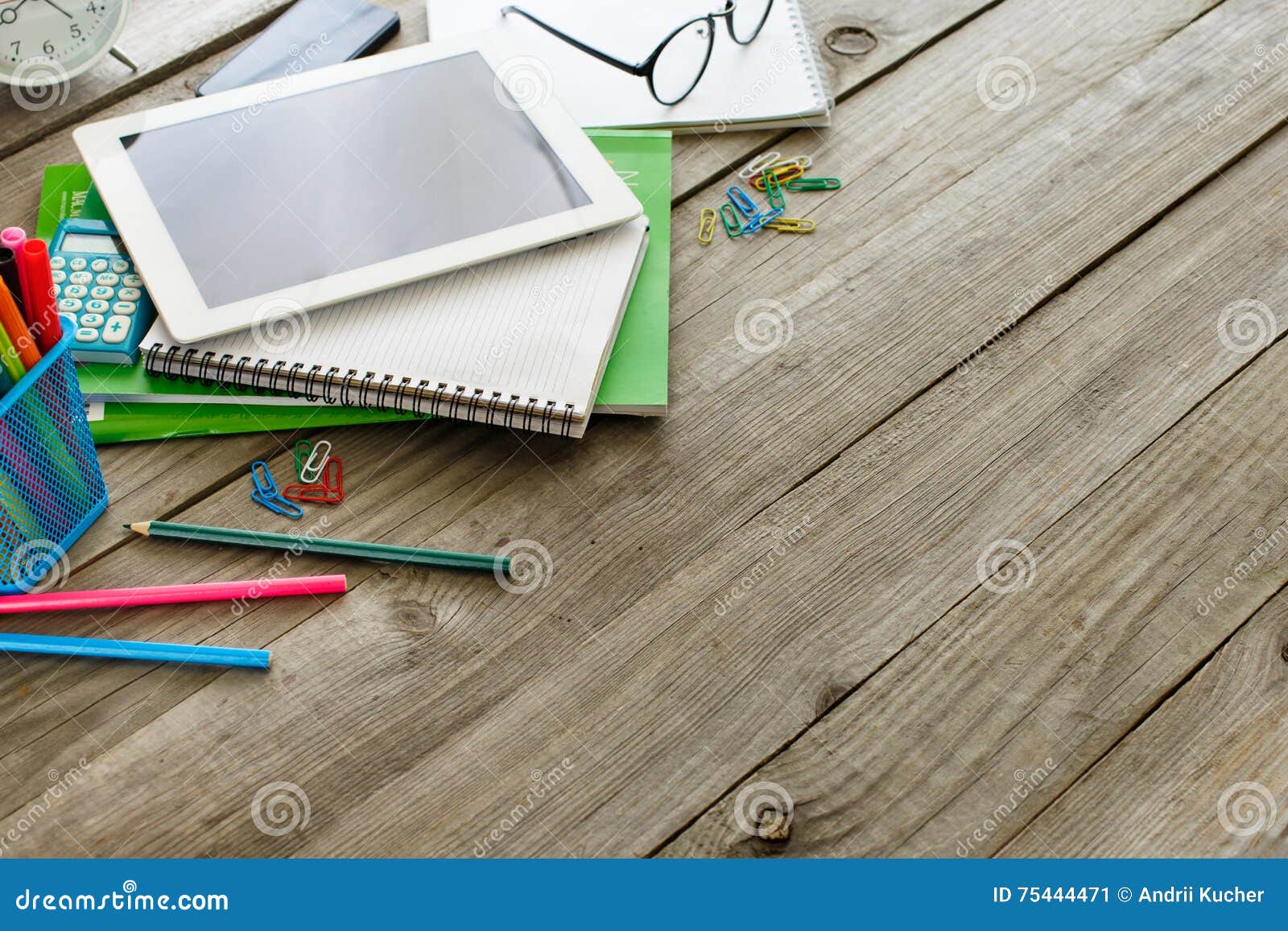 Desk of an Designer with Tablet and Stationery Items Stock Image