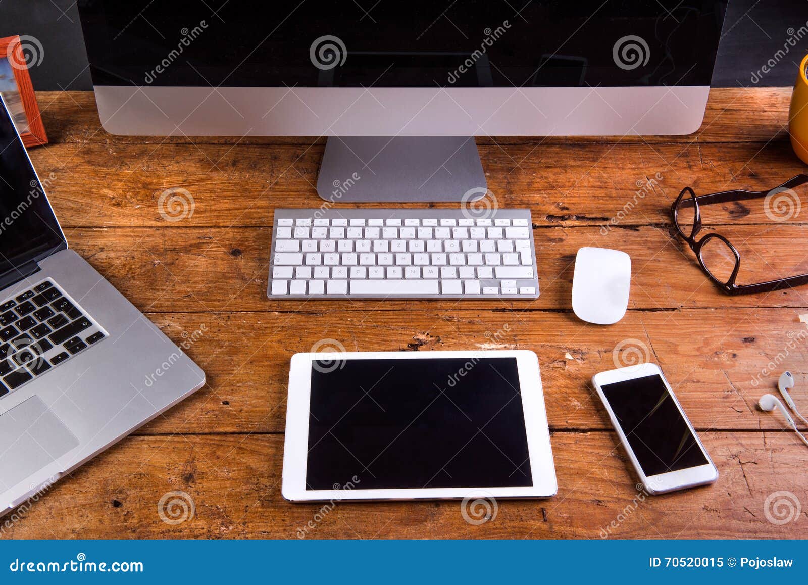 Desk Gadgets And Office Things Flat Lay Wooden Background