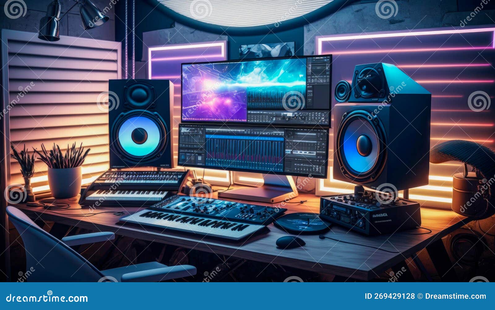 Desk with keyboard monitor speakers and mouse generative ai stock