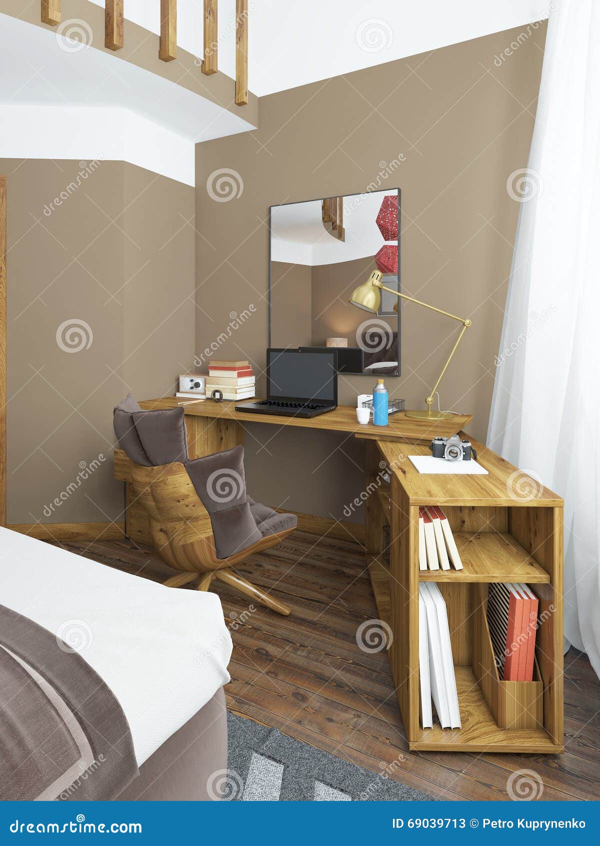 Desk in a modern bedroom. stock illustration. Illustration of padded