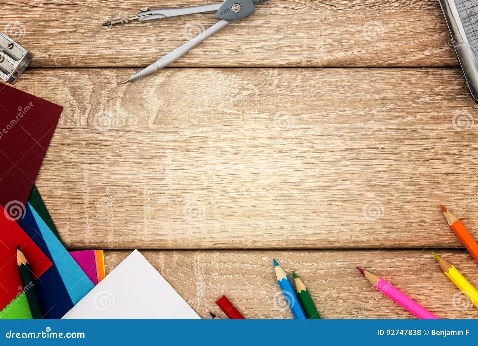 Desk with Sharpener, Compass, Construction Paper and Colored Pencils
