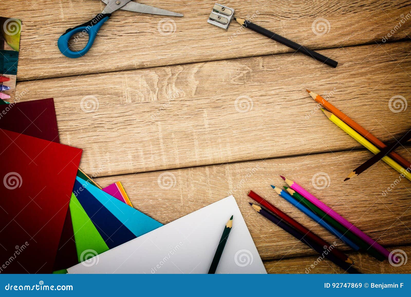 Desk with Sharpener, Compass, Construction Paper and Colored Pencils