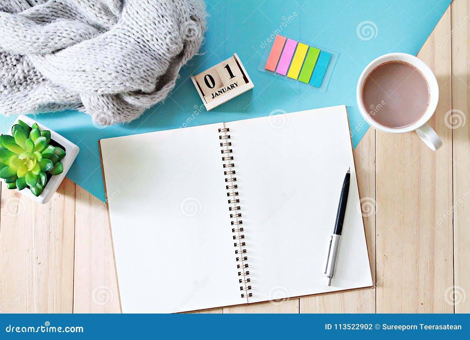 Desk Table With Scarf Open Notebook Paper Cube Calendar And