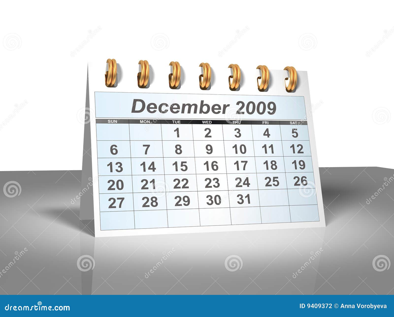 Desktop Calendar (3D). December, 2009. Week starts on Sunday. Considerable quantity of calendars in my portfolio.